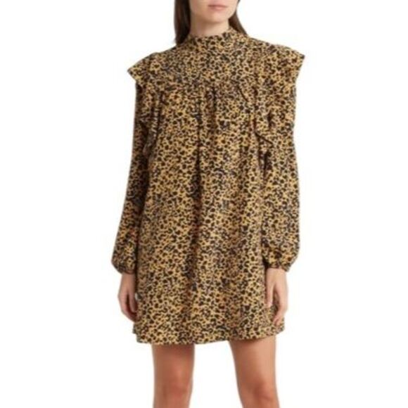 NWT Wayf Mock Neck Long Sleeve Shift Dress Size XS Cheetah Print Tan Black NEW - Picture 1 of 15
